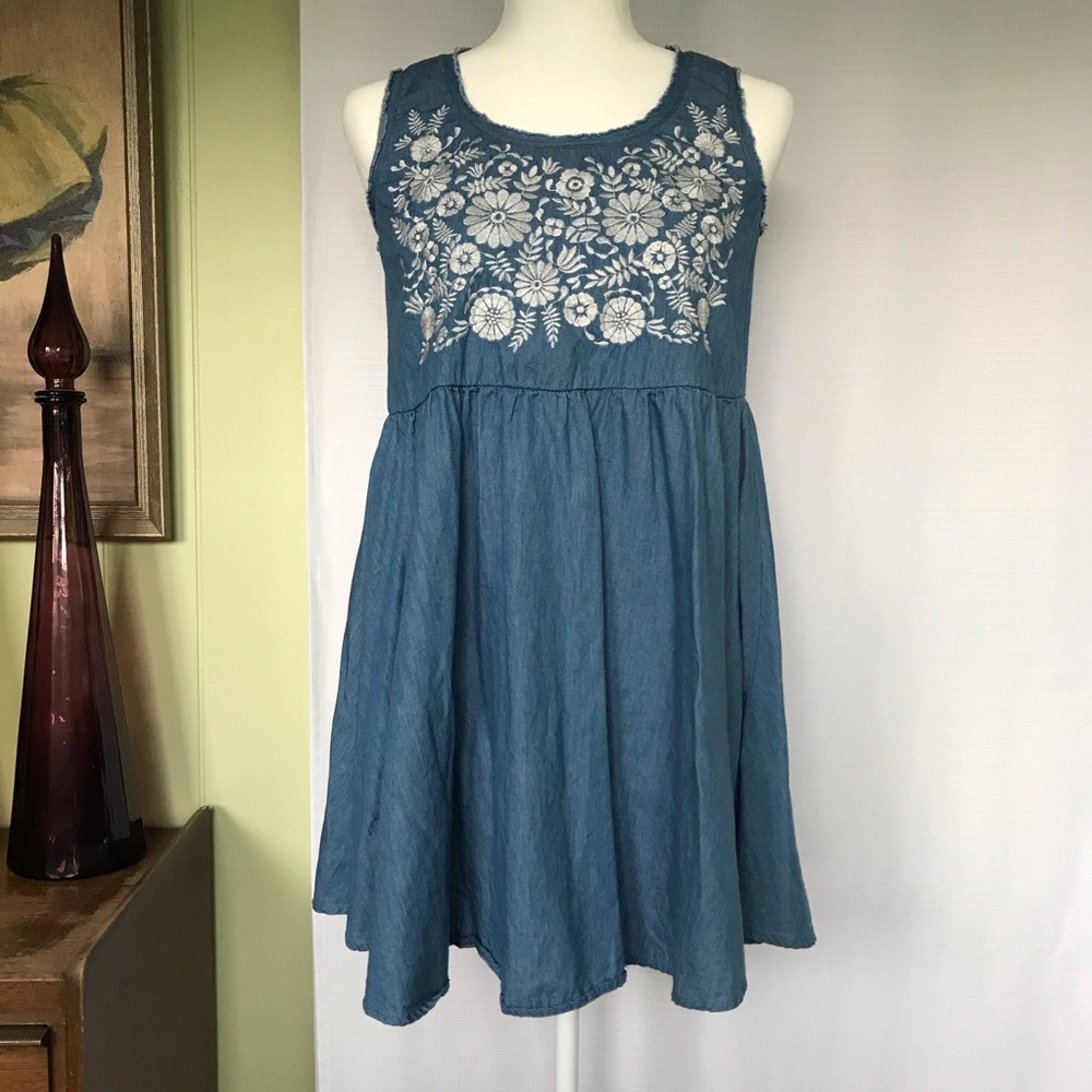 Denim Dress with Floral Embroidery